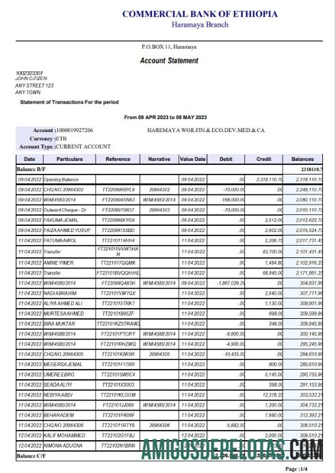 Modelo realista de extrato bancário do Banco Comercial da Etiópia da Etiópia, formato Word e PDF, 4 páginas